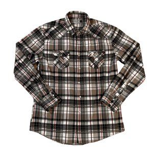 Fly By Night Shirt Men's Long Roll-Tab Pearl Snap Up Collared Plaid Tan Black Lg